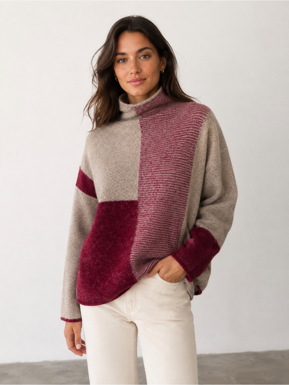 Colorblock Mock Neck Cozy Oversized Sweater Red Beige Size Small